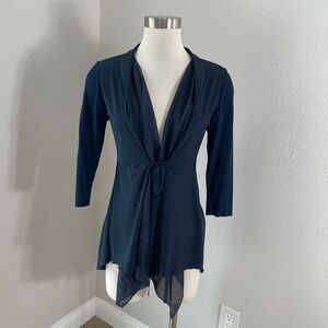 Crea Concept Womens 36 Navy Tie Front Mixed Media Cardigan Layered‎ Knit
